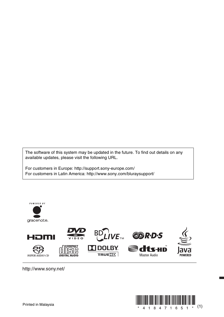 Sony Blu-ray Disc/DVD Home Theatre System 4-184-716-51(1) User Manual | Page 76 / 76