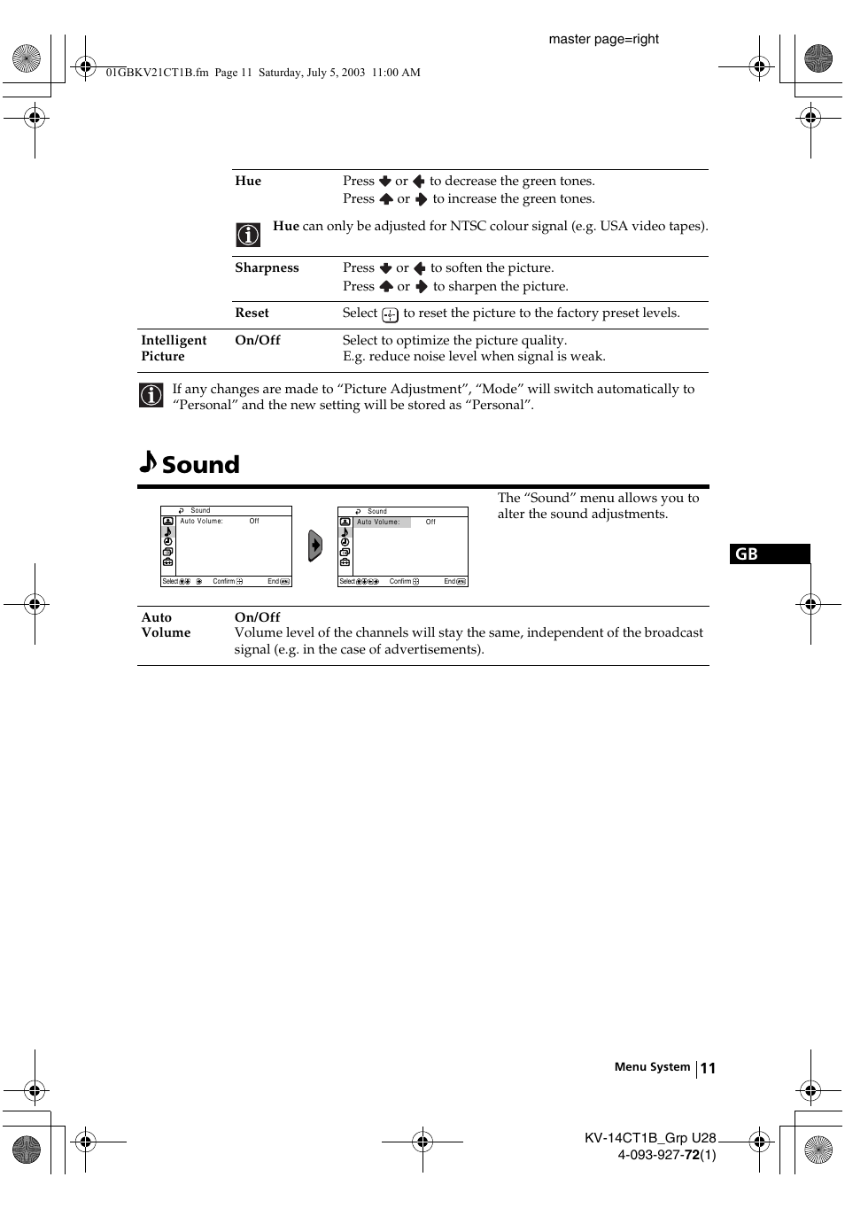 Sound | Sony KV-21CT1B User Manual | Page 11 / 20