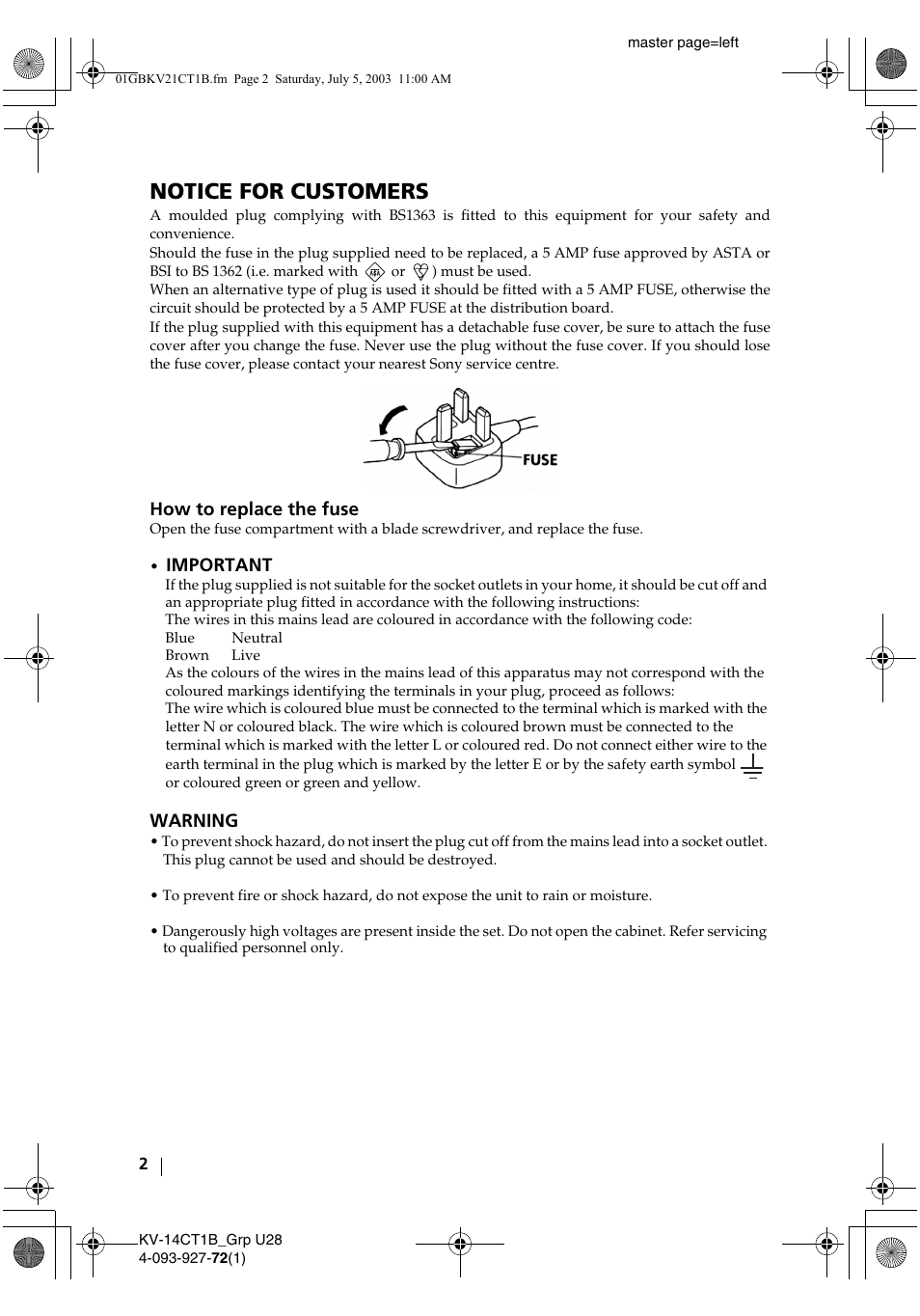Notice for customers | Sony KV-21CT1B User Manual | Page 2 / 20