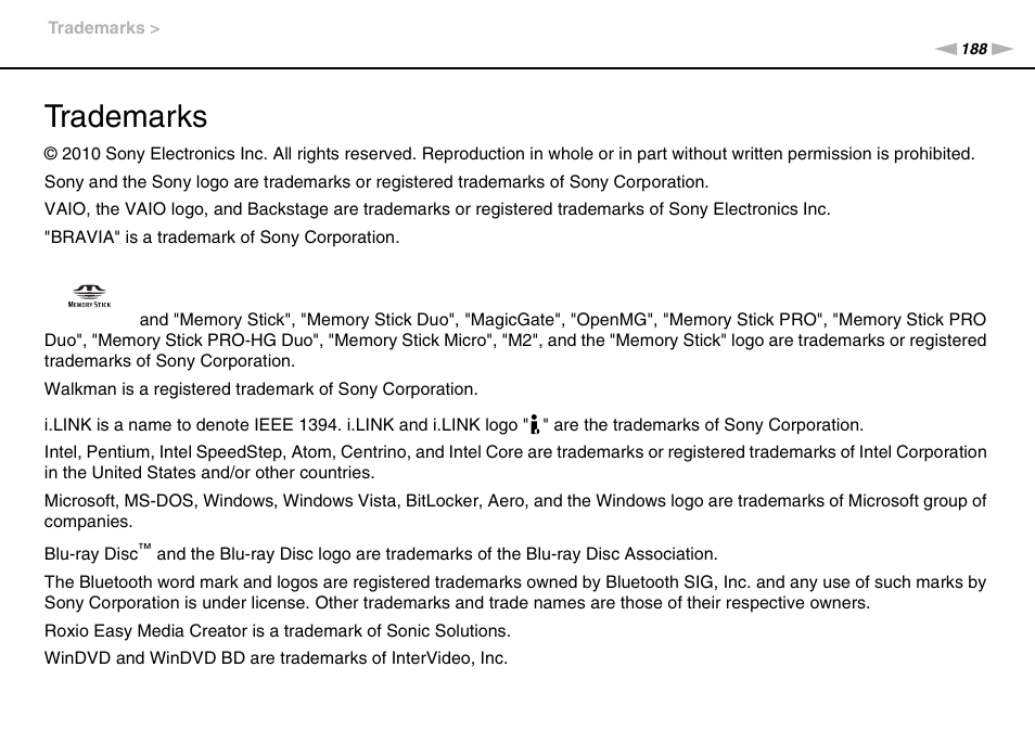 Trademarks | Sony VAIO VPCS13 User Manual | Page 188 / 192