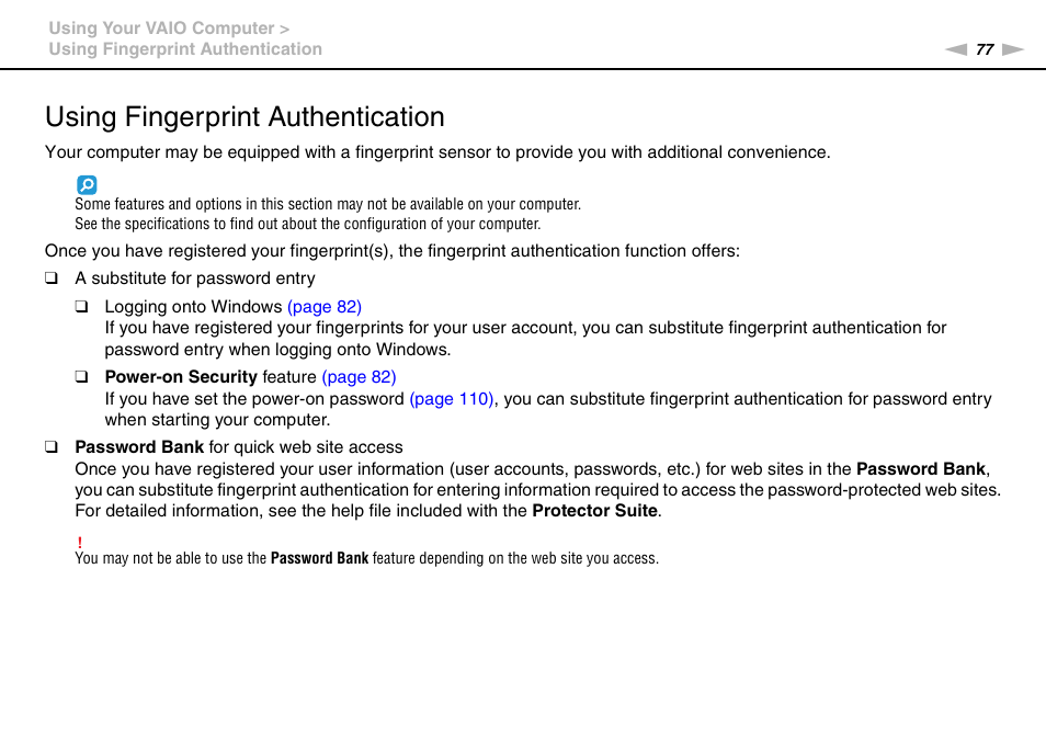 Using fingerprint authentication | Sony VAIO VPCS13 User Manual | Page 77 / 192
