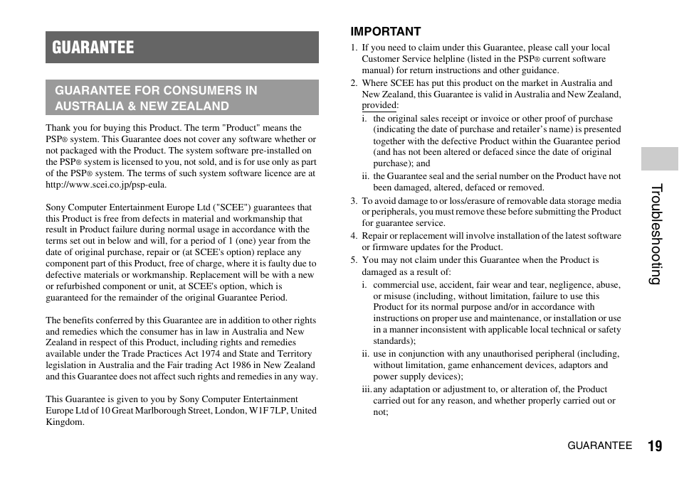 Guarantee, Troub le sh oot ing | Sony PLAYSTATION PSP-3002 User Manual | Page 19 / 28