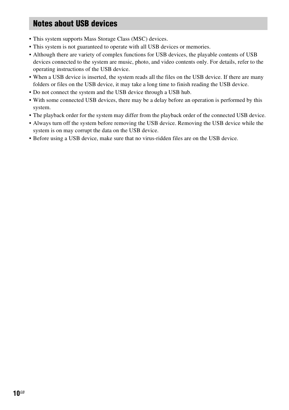 Notes about usb devices | Sony DAV-DZ730 User Manual | Page 10 / 84