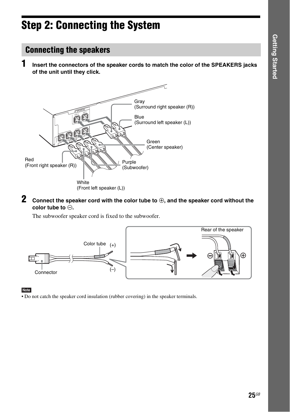 Step 2: connecting the system, Connecting the speakers, Ge tting star te d | Sony DAV-DZ730 User Manual | Page 25 / 84