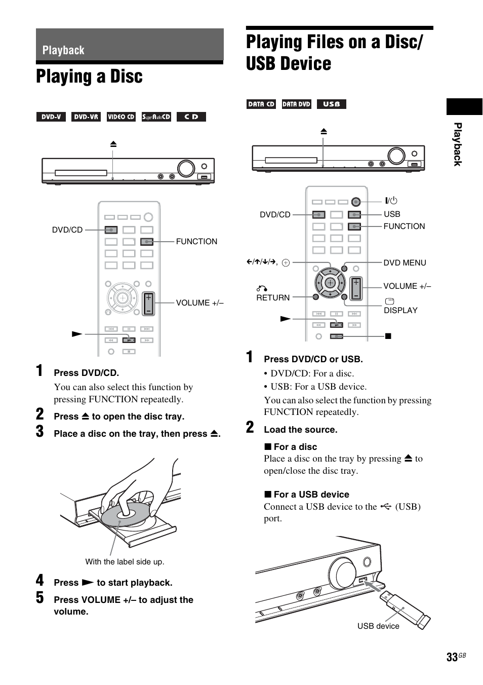 Playback, Playing a disc, Playing files on a disc/ usb device | Playing a disc playing files on a disc/usb device, Es 33, E 33) | Sony DAV-DZ730 User Manual | Page 33 / 84