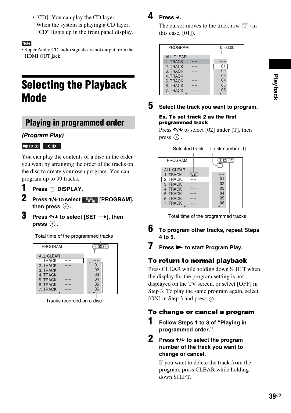 Selecting the playback mode, Playing in programmed order | Sony DAV-DZ730 User Manual | Page 39 / 84