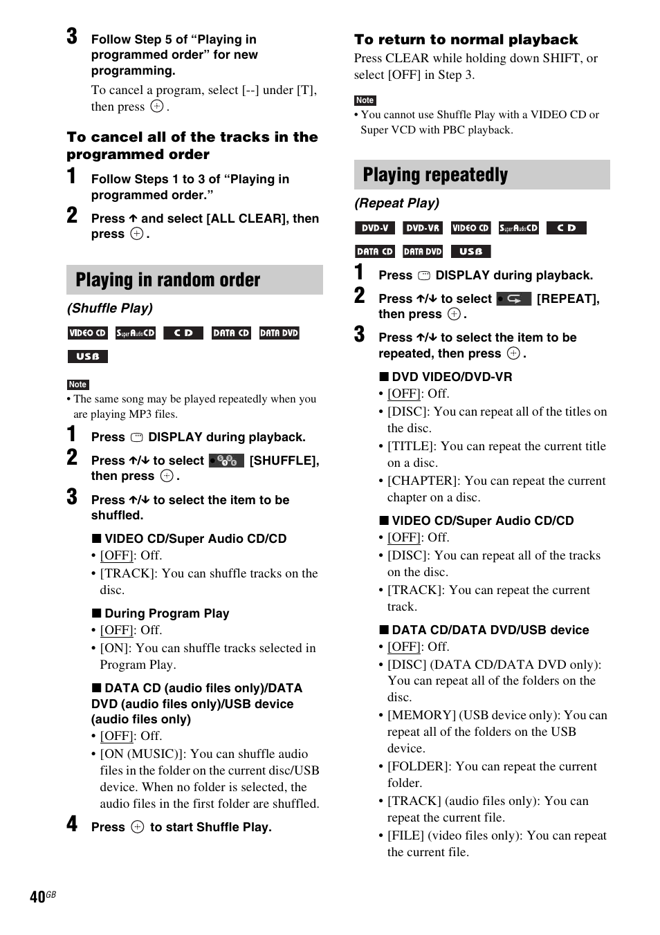 Playing in random order, Playing repeatedly | Sony DAV-DZ730 User Manual | Page 40 / 84