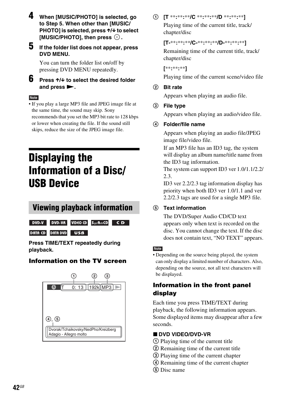 Displaying the information of a disc/ usb device, Viewing playback information, Displaying the information of a disc | Usb device | Sony DAV-DZ730 User Manual | Page 42 / 84