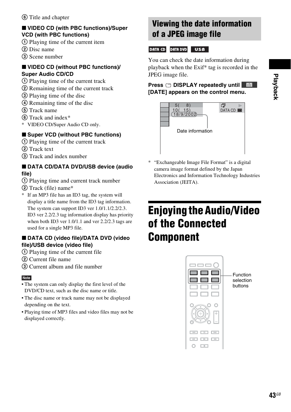 Viewing the date information of a jpeg image file, Enjoying the audio/video of the, Connected component | Sony DAV-DZ730 User Manual | Page 43 / 84