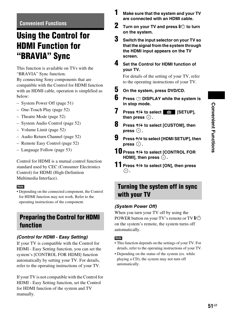 Convenient functions, Preparing the control for hdmi function, Turning the system off in sync with your tv | Using the control for hdmi function for, Bravia” sync | Sony DAV-DZ730 User Manual | Page 51 / 84