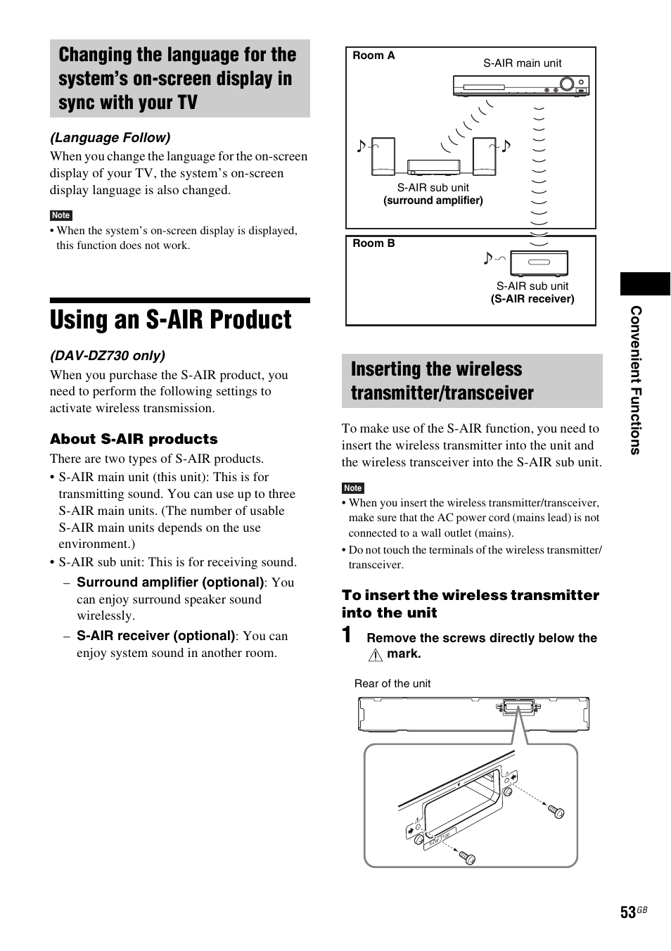 Using an s-air product, Inserting the wireless transmitter/transceiver | Sony DAV-DZ730 User Manual | Page 53 / 84
