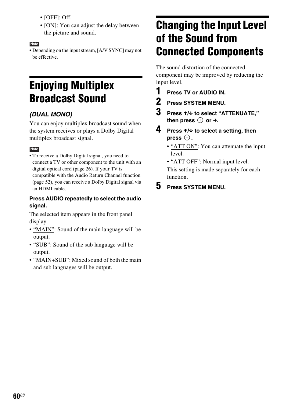 Enjoying multiplex broadcast sound, Enjoying multiplex broadcast, Sound | Changing the input level of the sound, From connected components | Sony DAV-DZ730 User Manual | Page 60 / 84