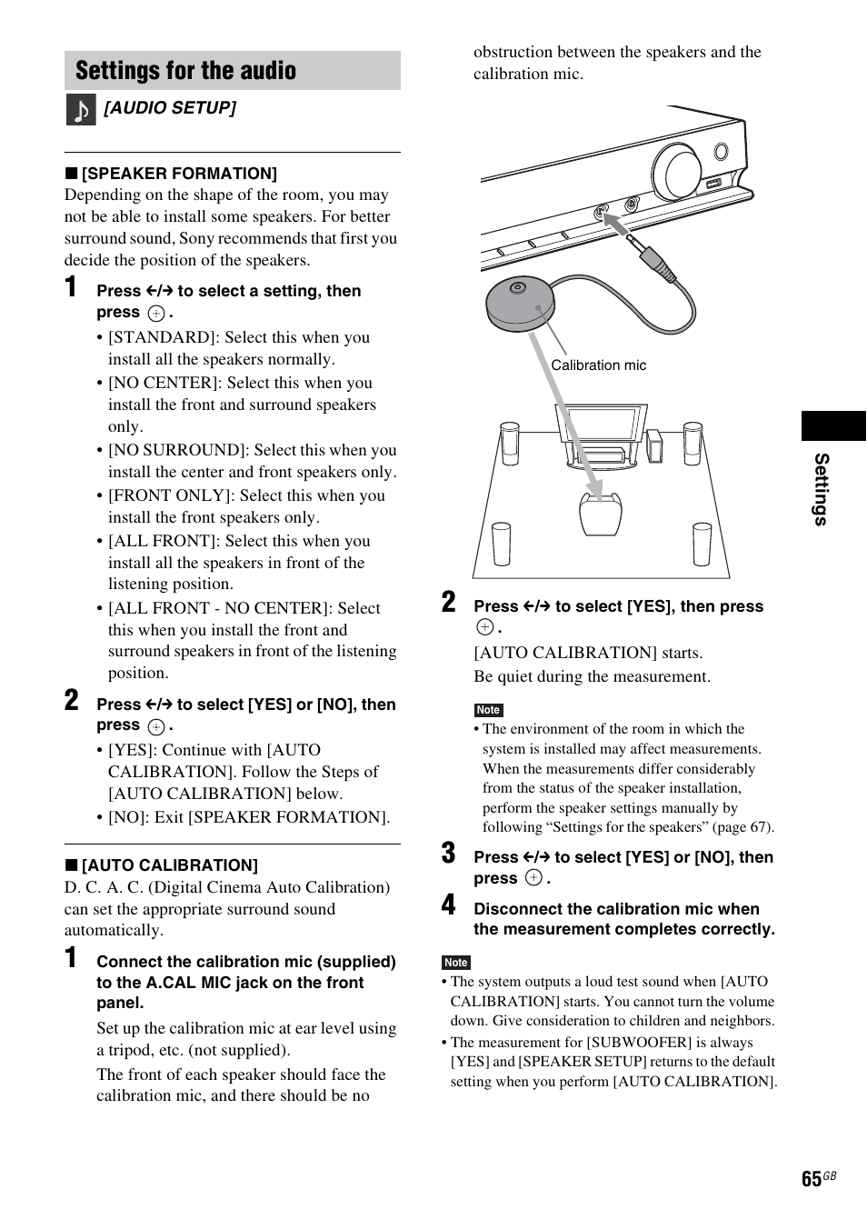 Settings for the audio | Sony DAV-DZ730 User Manual | Page 65 / 84