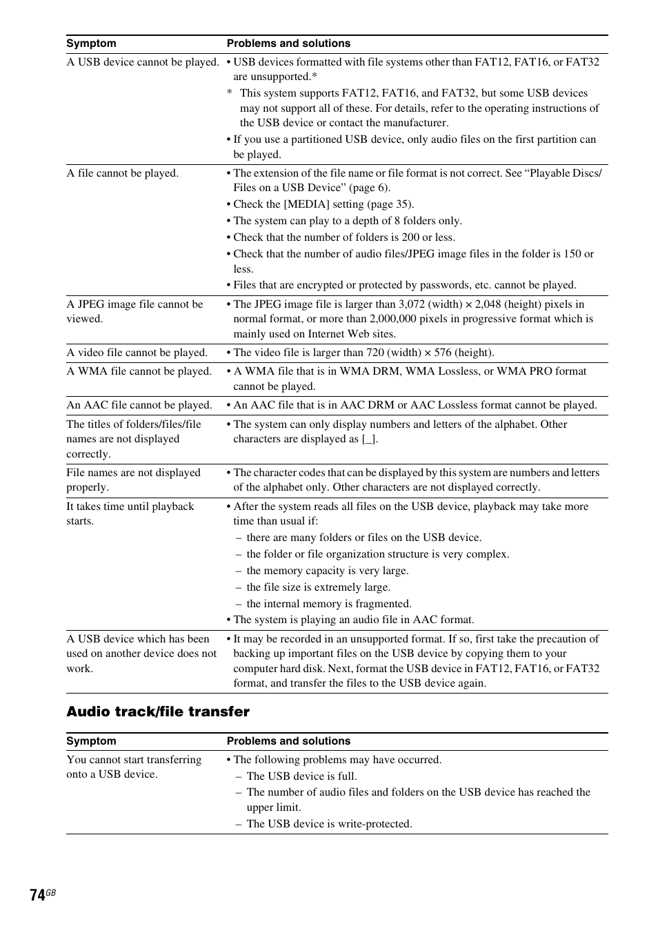 Audio track/file transfer | Sony DAV-DZ730 User Manual | Page 74 / 84