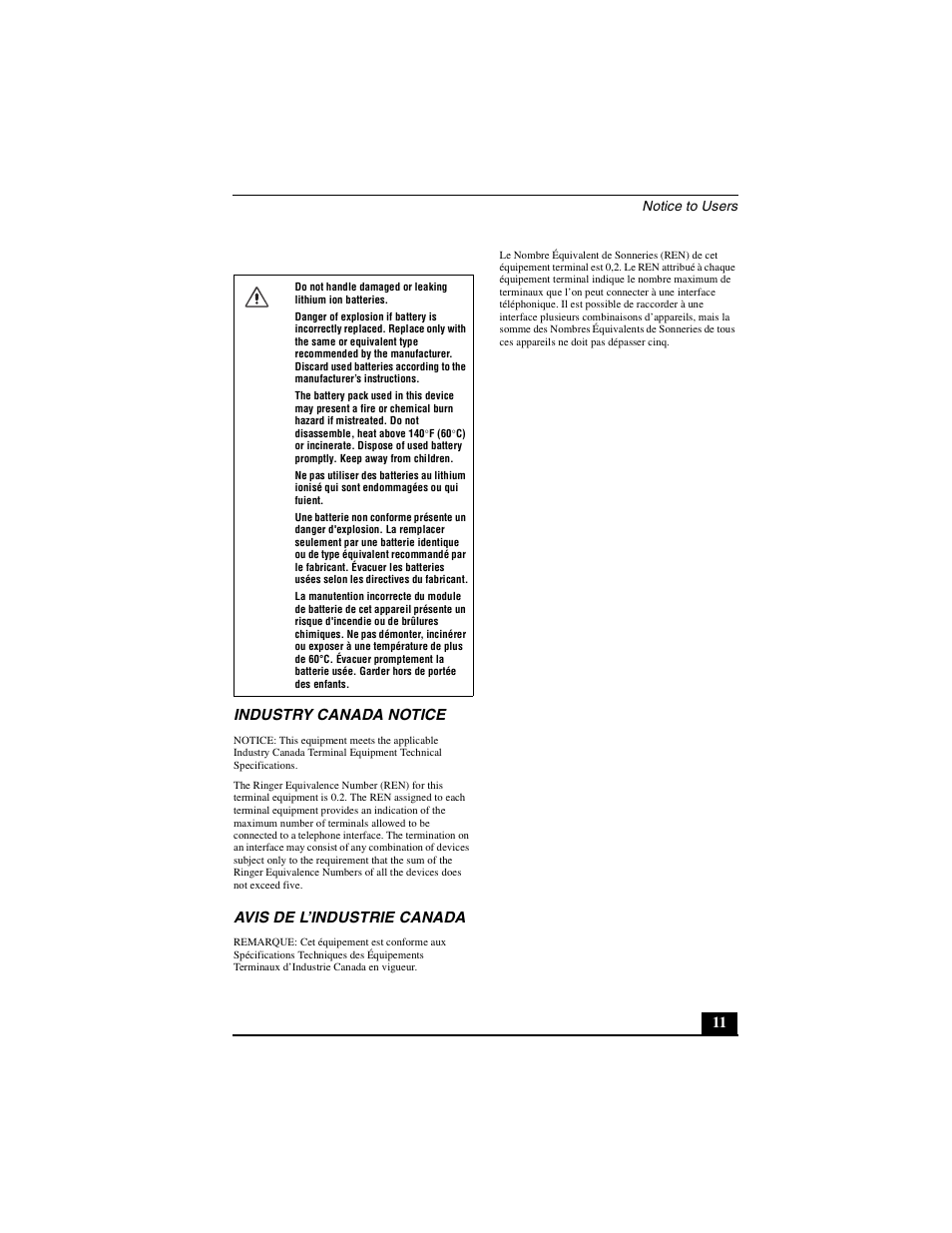 11 industry canada notice, Avis de l’industrie canada | Sony PCG-V505DC2 User Manual | Page 11 / 44