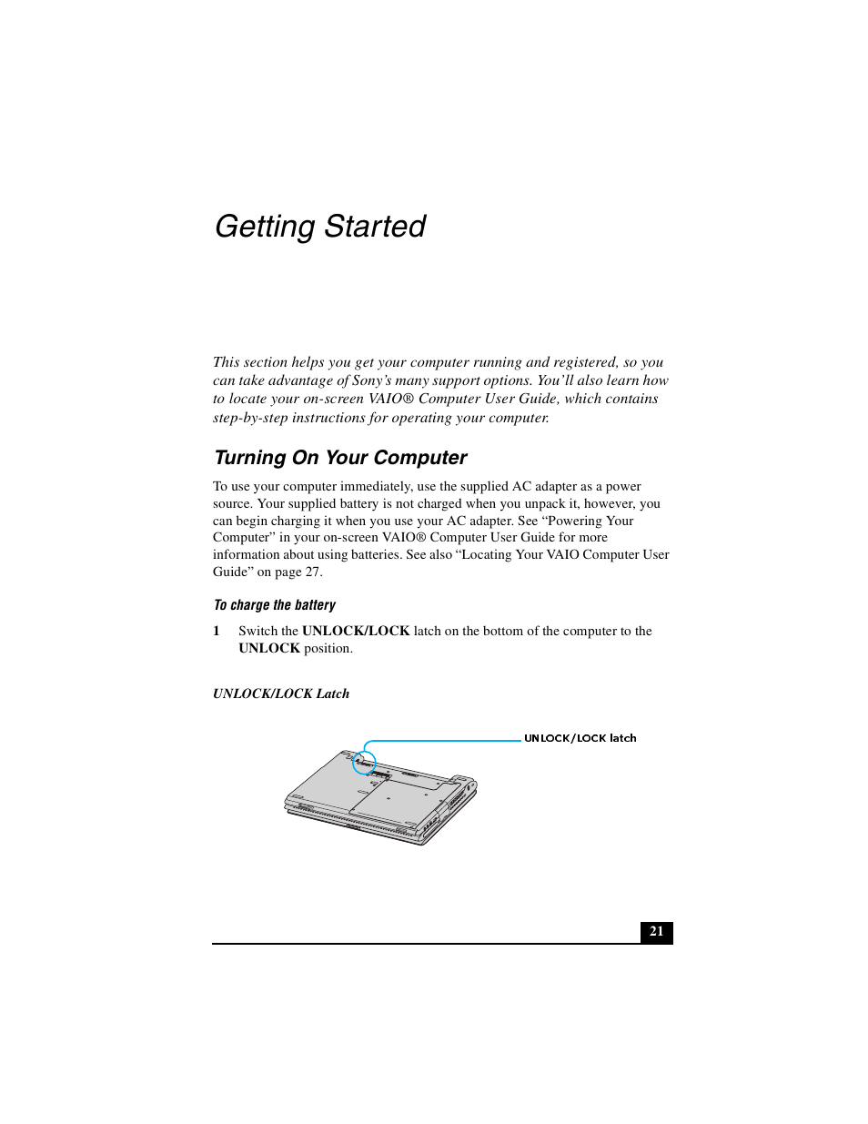 Getting started, Turning on your computer | Sony PCG-V505DC2 User Manual | Page 21 / 44