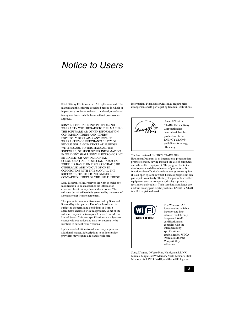 Notice to users | Sony PCG-V505DC2 User Manual | Page 5 / 44
