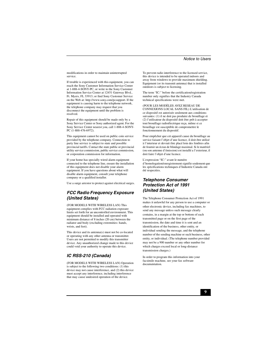 Fcc radio frequency exposure (united states), Ic rss-210 (canada) | Sony PCG-V505DC2 User Manual | Page 9 / 44