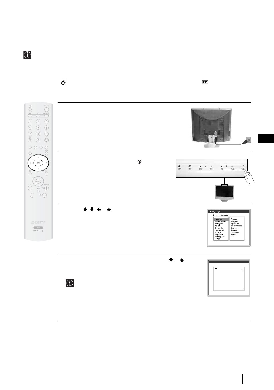 First time operation, Switching on the tv and automatically tuning, 15 gb | Sony WEGA KLV-30HR3 User Manual | Page 14 / 134