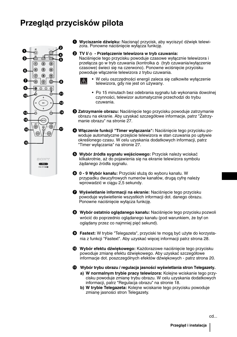 Przegląd przycisków pilota | Sony WEGA KLV-30HR3 User Manual | Page 74 / 134