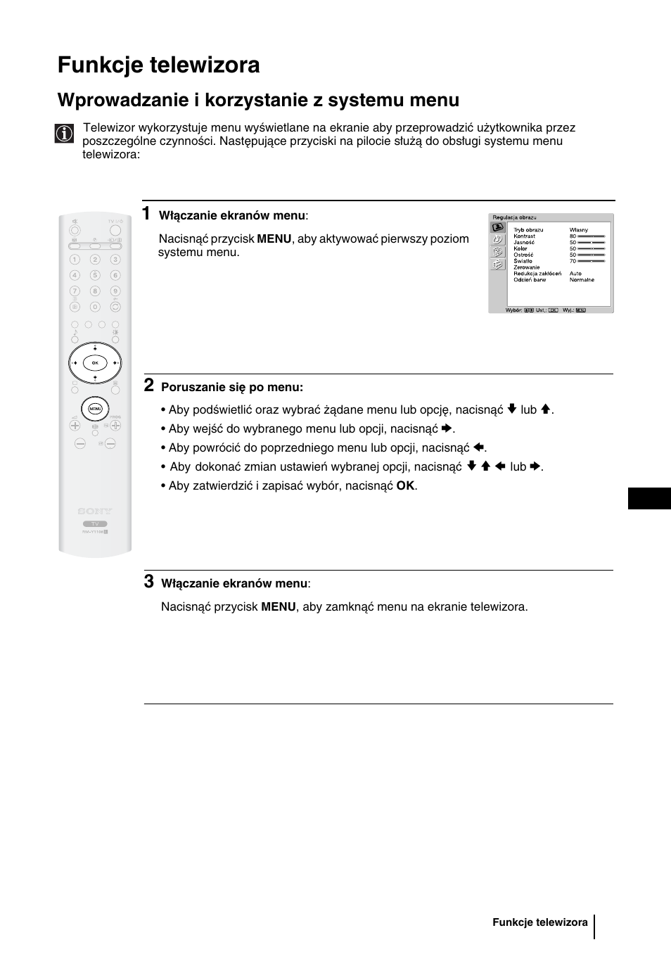 Funkcje telewizora, Wprowadzanie i korzystanie z systemu menu | Sony WEGA KLV-30HR3 User Manual | Page 82 / 134
