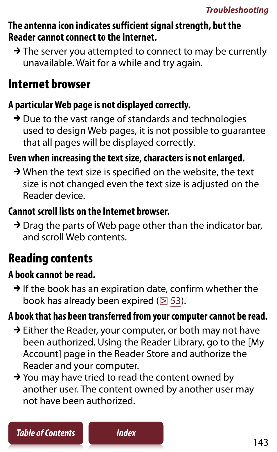 Internet browser, Reading contents | Sony READER DAILY EDITION PRS-950 User Manual | Page 143 / 175