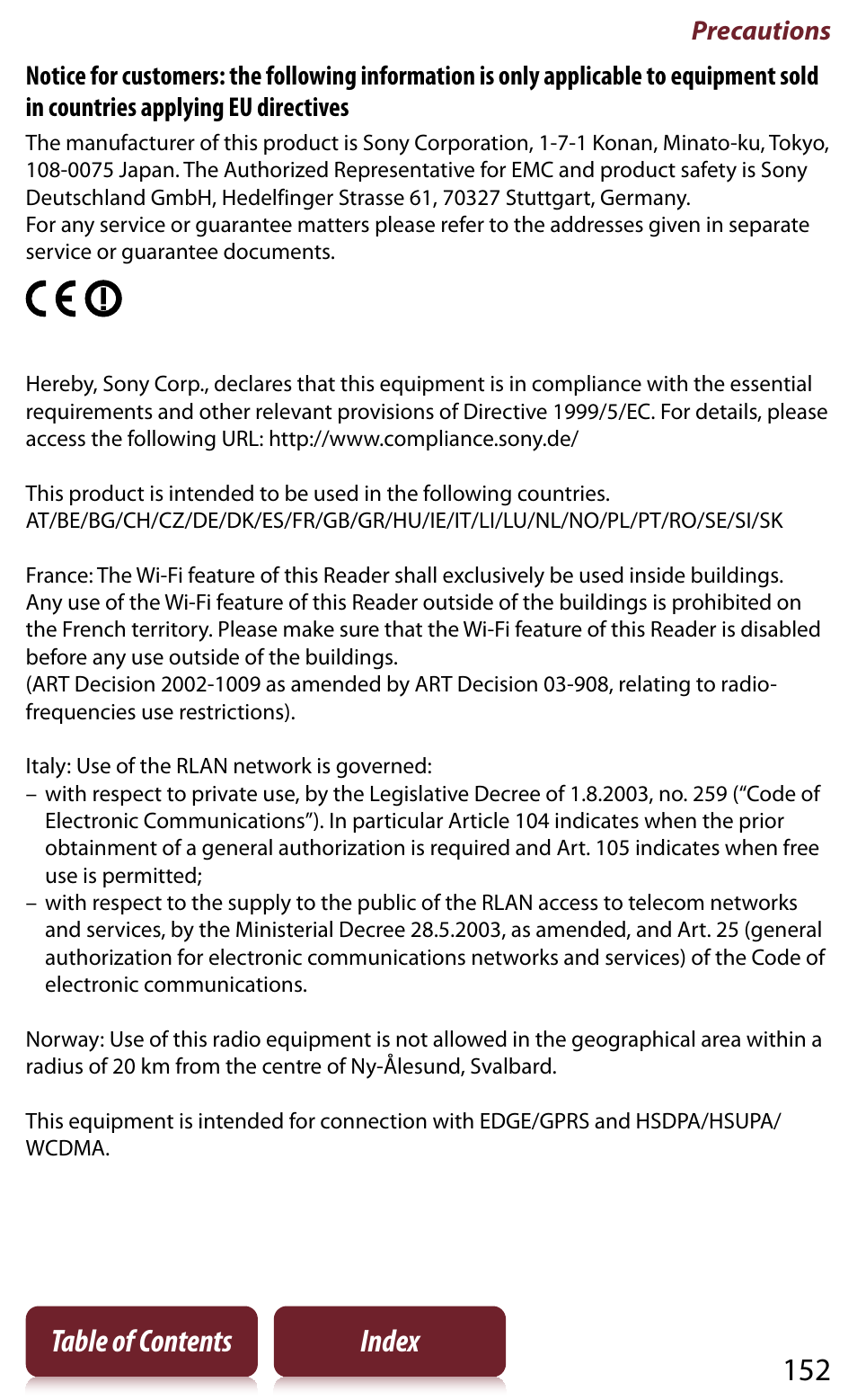 152 table of contents index, Precautions | Sony READER DAILY EDITION PRS-950 User Manual | Page 152 / 175