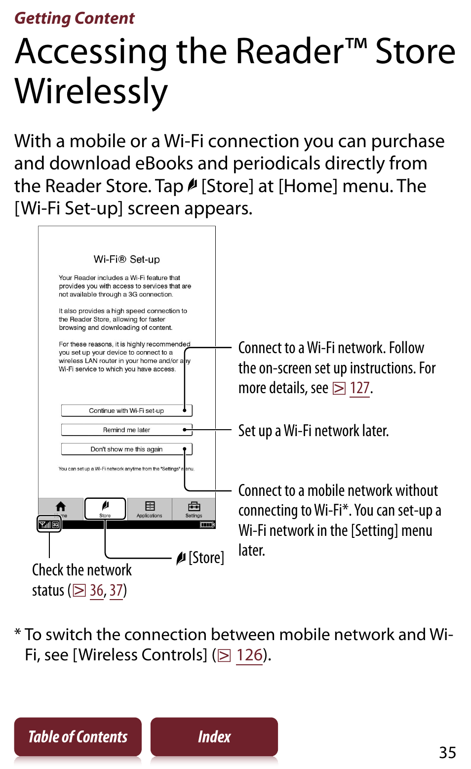 Getting content, Accessing the reader™ store wirelessly, Getting content - 51 | Sony READER DAILY EDITION PRS-950 User Manual | Page 35 / 175