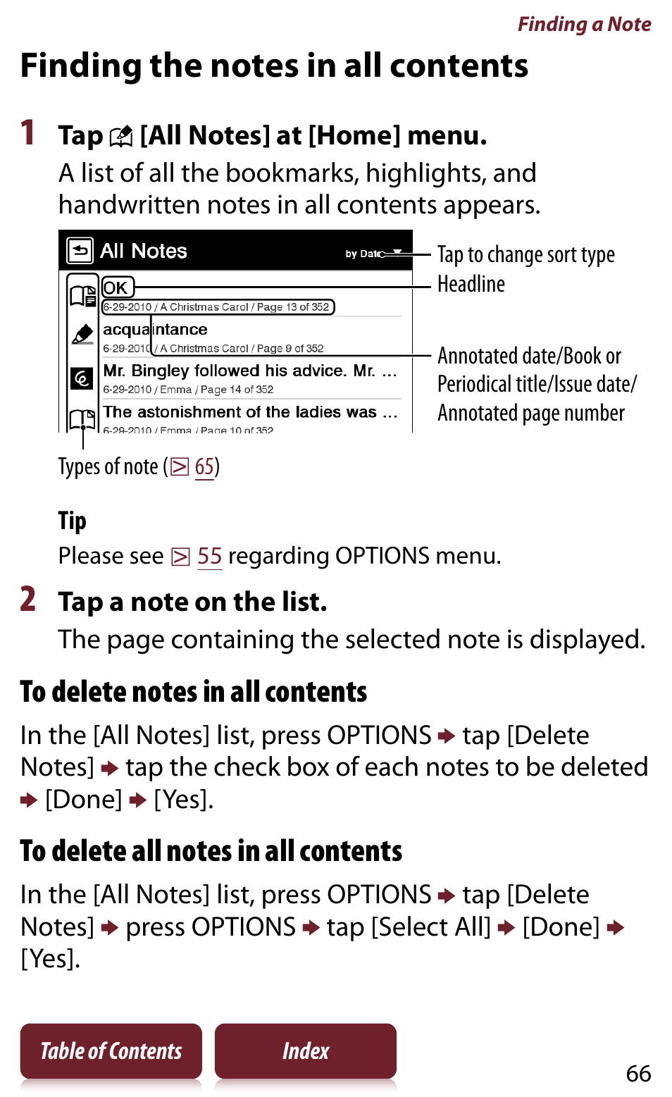 Finding the notes in all contents, Books | Sony READER DAILY EDITION PRS-950 User Manual | Page 66 / 175