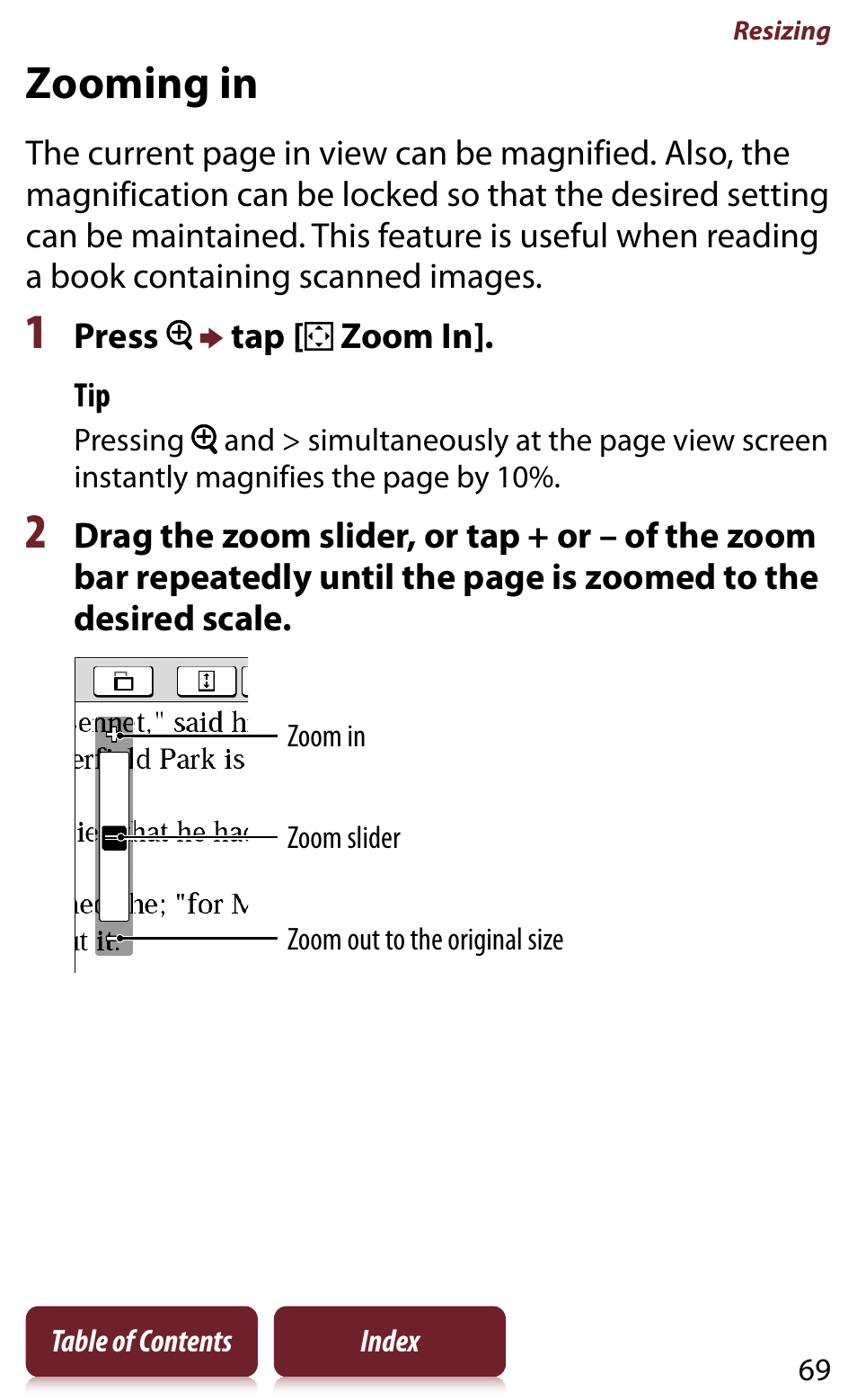 Zooming in, Oom-in mode, Tap and dr | Sony READER DAILY EDITION PRS-950 User Manual | Page 69 / 175