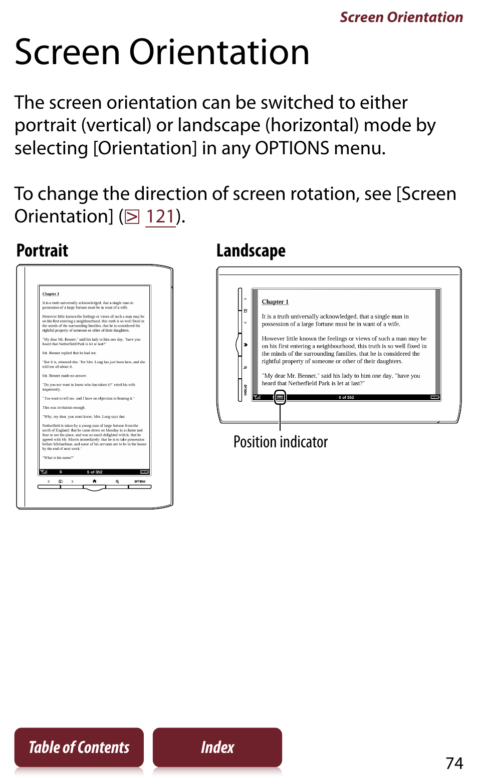 Screen orientation, Ait or landscape mode | Sony READER DAILY EDITION PRS-950 User Manual | Page 74 / 175