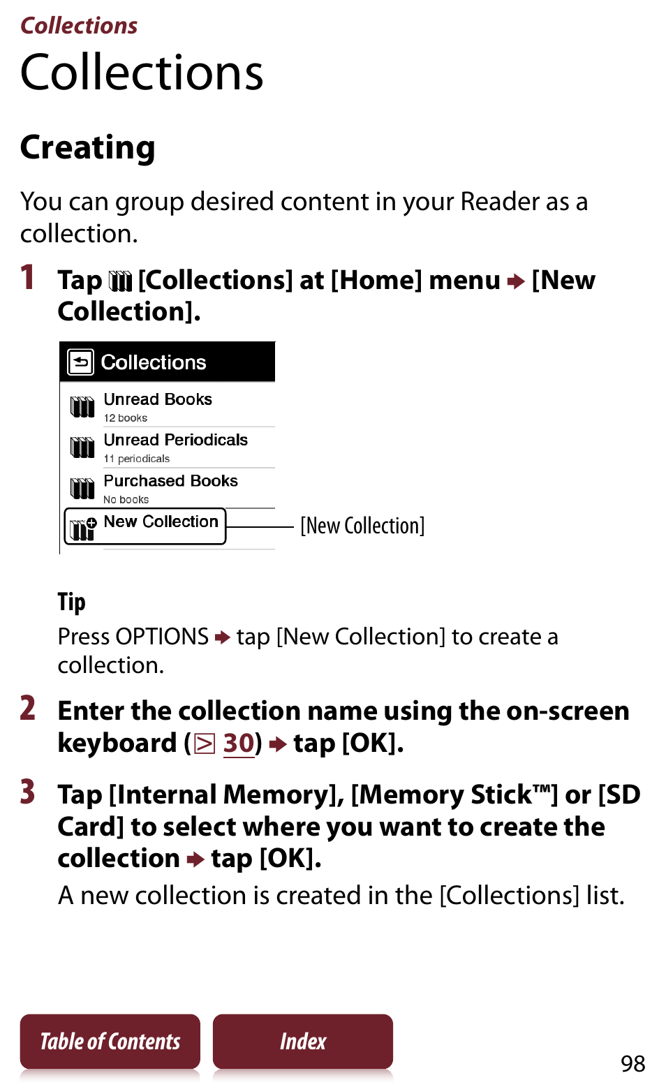 Collections, Creating, Ting | Tion list, Tions] list, Tion, Or r | Sony READER DAILY EDITION PRS-950 User Manual | Page 98 / 175