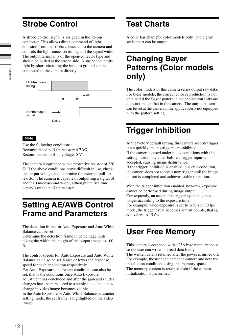 Strobe control, Setting ae/awb control frame and parameters, Test charts | Changing bayer patterns (color models only), Trigger inhibition, User free memory | Sony XCD-V60 User Manual | Page 12 / 38