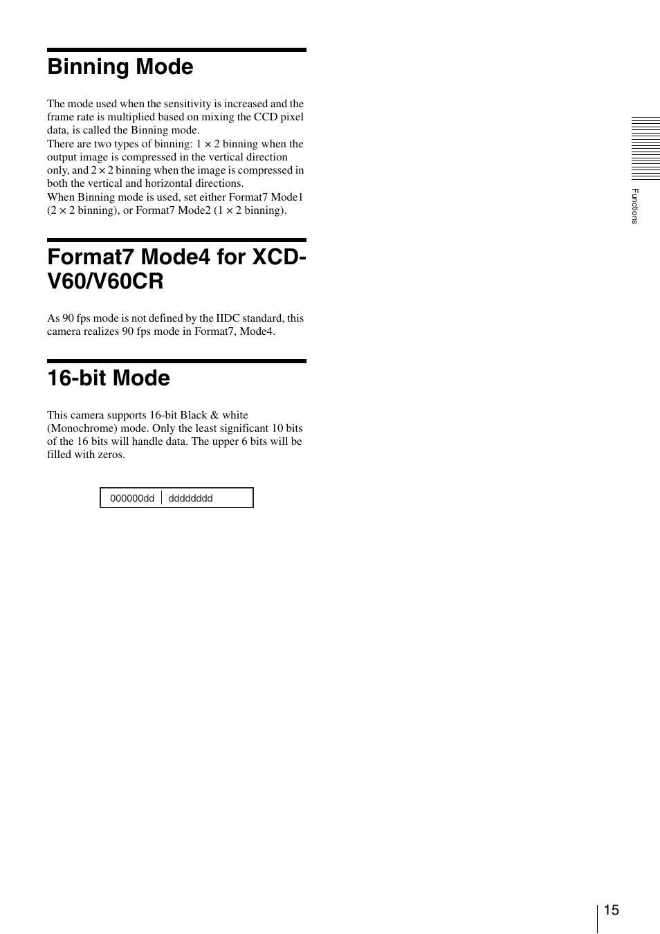 Binning mode, Format7 mode4 for xcd- v60/v60cr, Bit mode | Sony XCD-V60 User Manual | Page 15 / 38