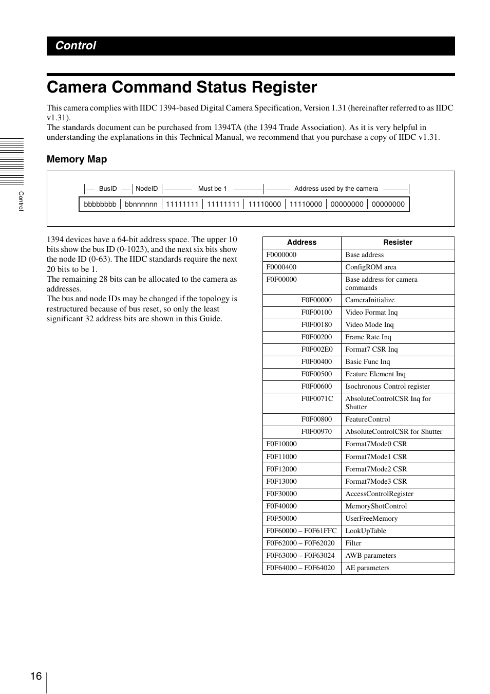 Control, Camera command status register | Sony XCD-V60 User Manual | Page 16 / 38