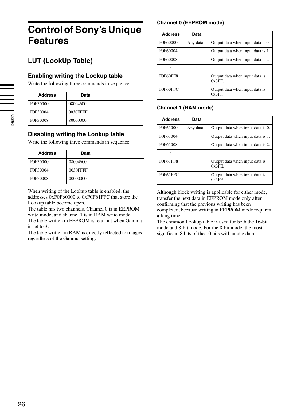 Control of sony’s unique features, Lut (lookup table), Enabling writing the lookup table | Disabling writing the lookup table | Sony XCD-V60 User Manual | Page 26 / 38