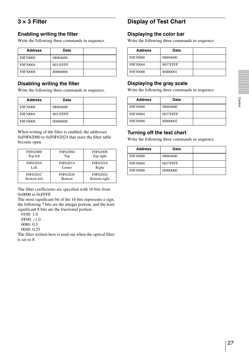 3 x 3 filter, Display of test chart, 3 × 3 filter display of test chart | 3 × 3 filter, Enabling writing the filter, Disabling writing the filter, Displaying the color bar, Displaying the gray scale, Turning off the test chart | Sony XCD-V60 User Manual | Page 27 / 38