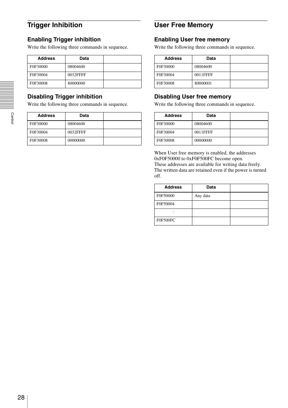 Trigger inhibition, User free memory, Trigger inhibition user free memory | Enabling trigger inhibition, Disabling trigger inhibition | Sony XCD-V60 User Manual | Page 28 / 38