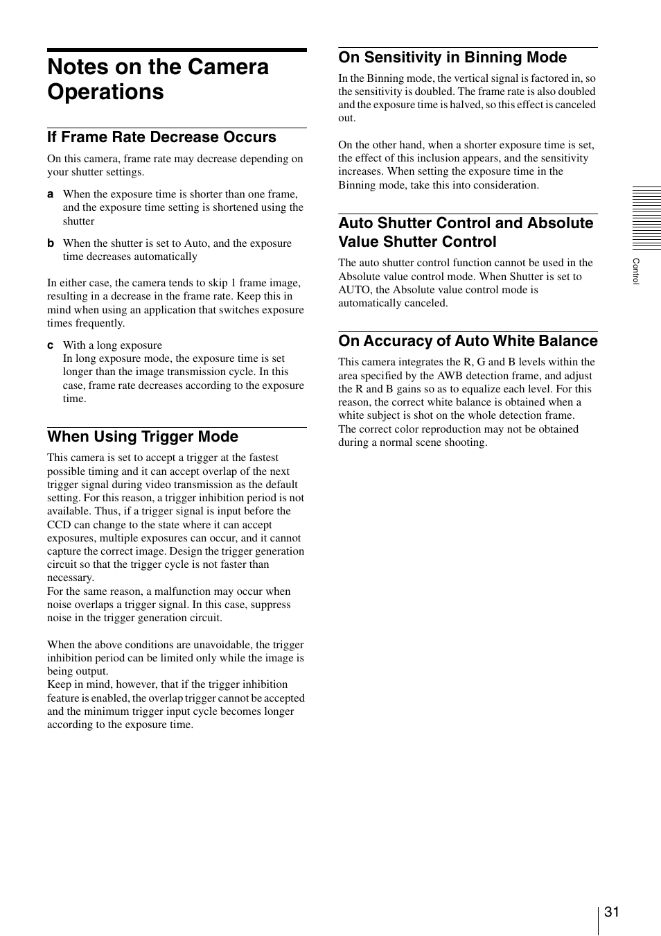 Notes on the camera operations, If frame rate decrease occurs, When using trigger mode | On sensitivity in binning mode, On accuracy of auto white balance, Control | Sony XCD-V60 User Manual | Page 31 / 38