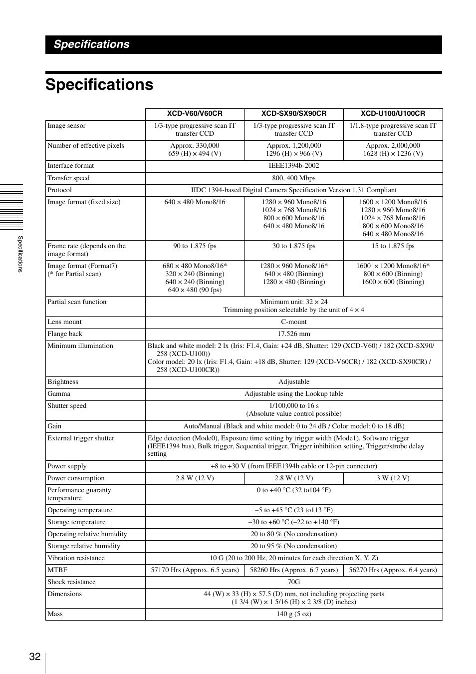 Specifications | Sony XCD-V60 User Manual | Page 32 / 38