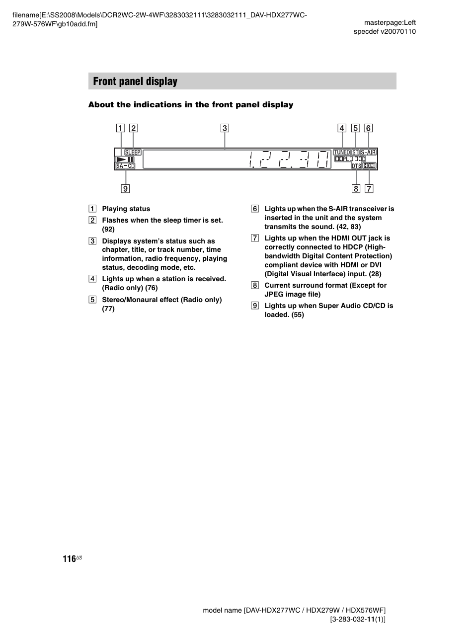 Front panel display, Ay (116) | Sony DAV-HDX277WC User Manual | Page 116 / 124