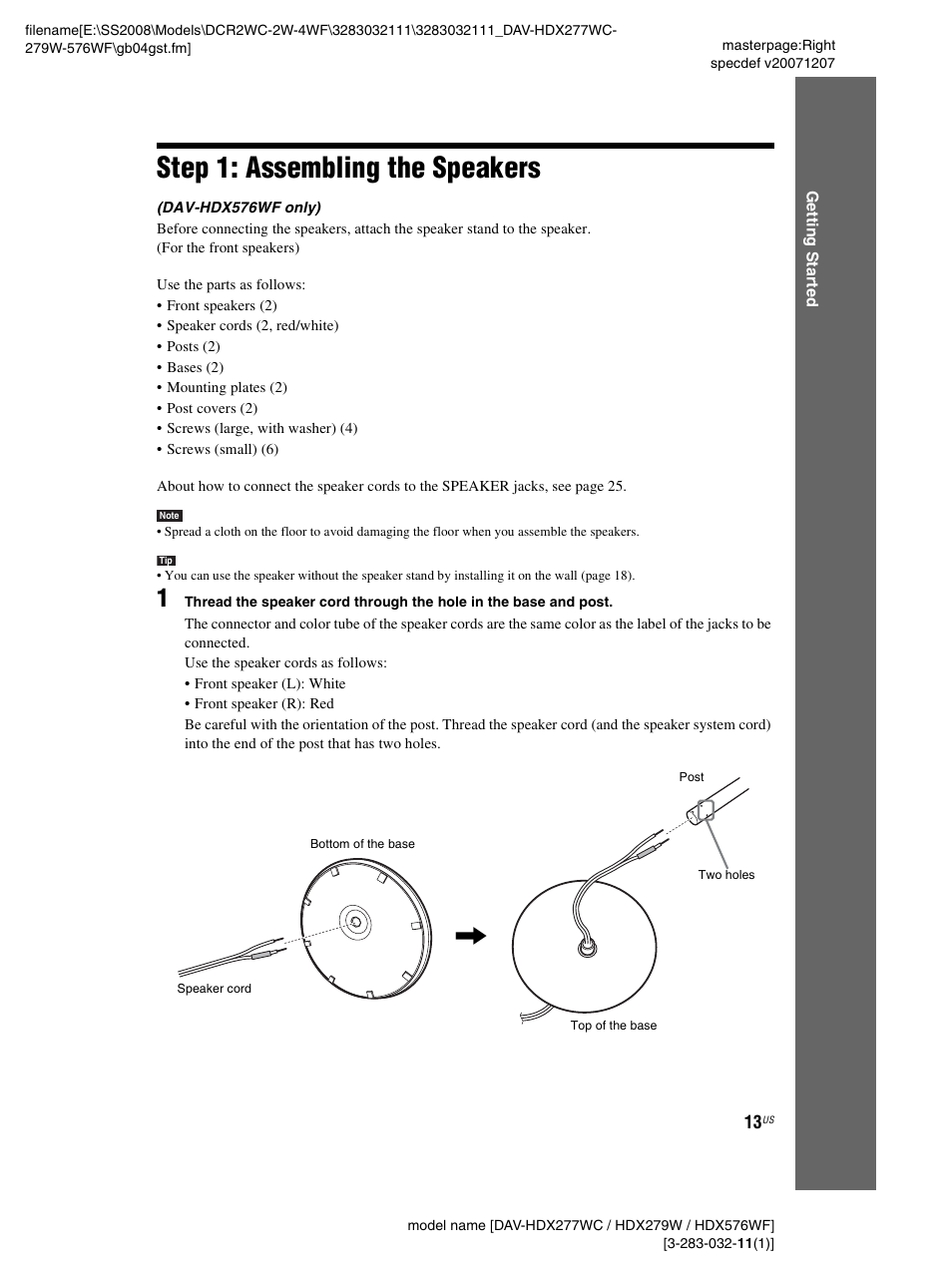 Step 1: assembling the speakers, Step 1: assembling, The speakers | Sony DAV-HDX277WC User Manual | Page 13 / 124