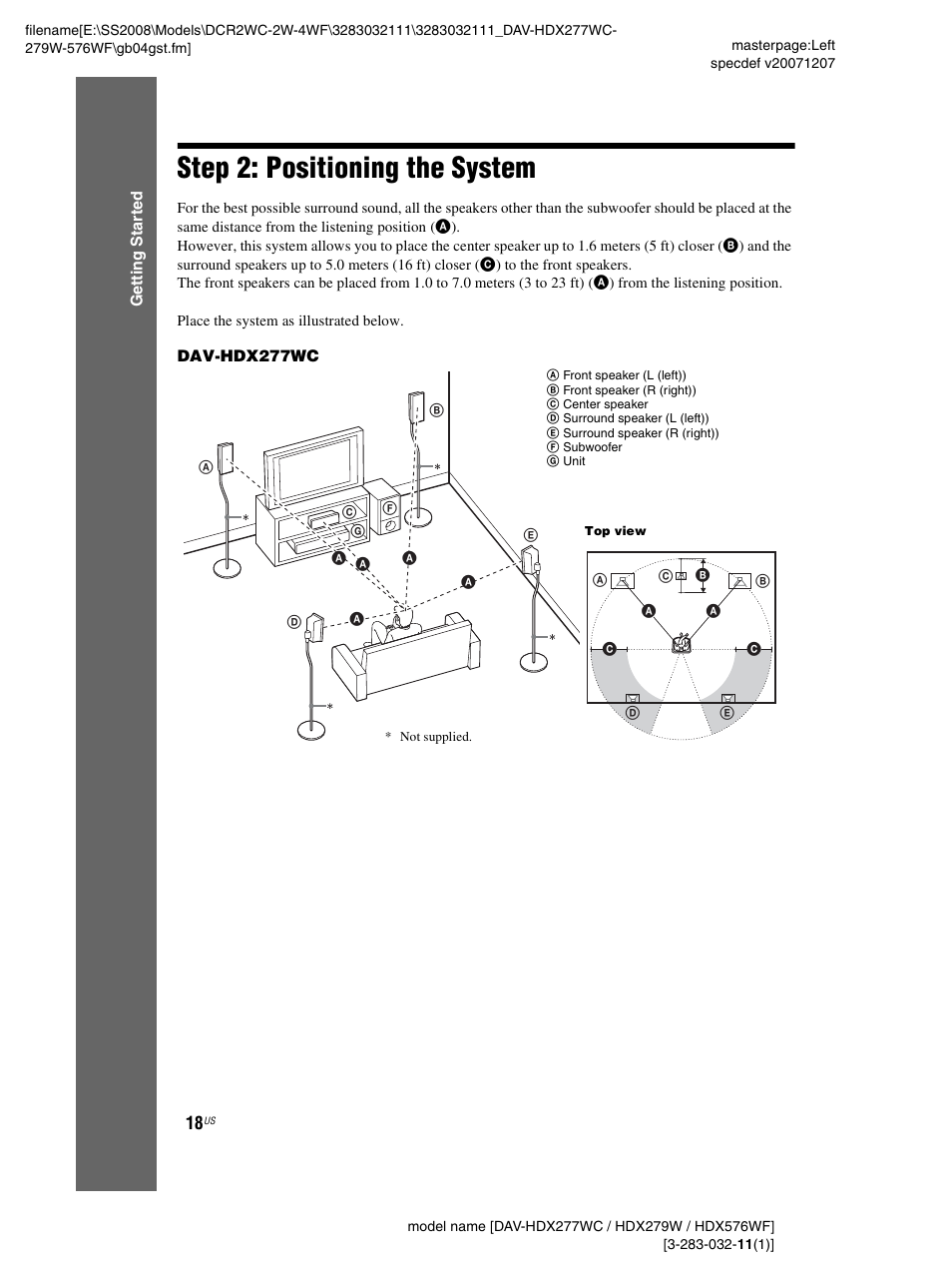 Step 2: positioning the system | Sony DAV-HDX277WC User Manual | Page 18 / 124