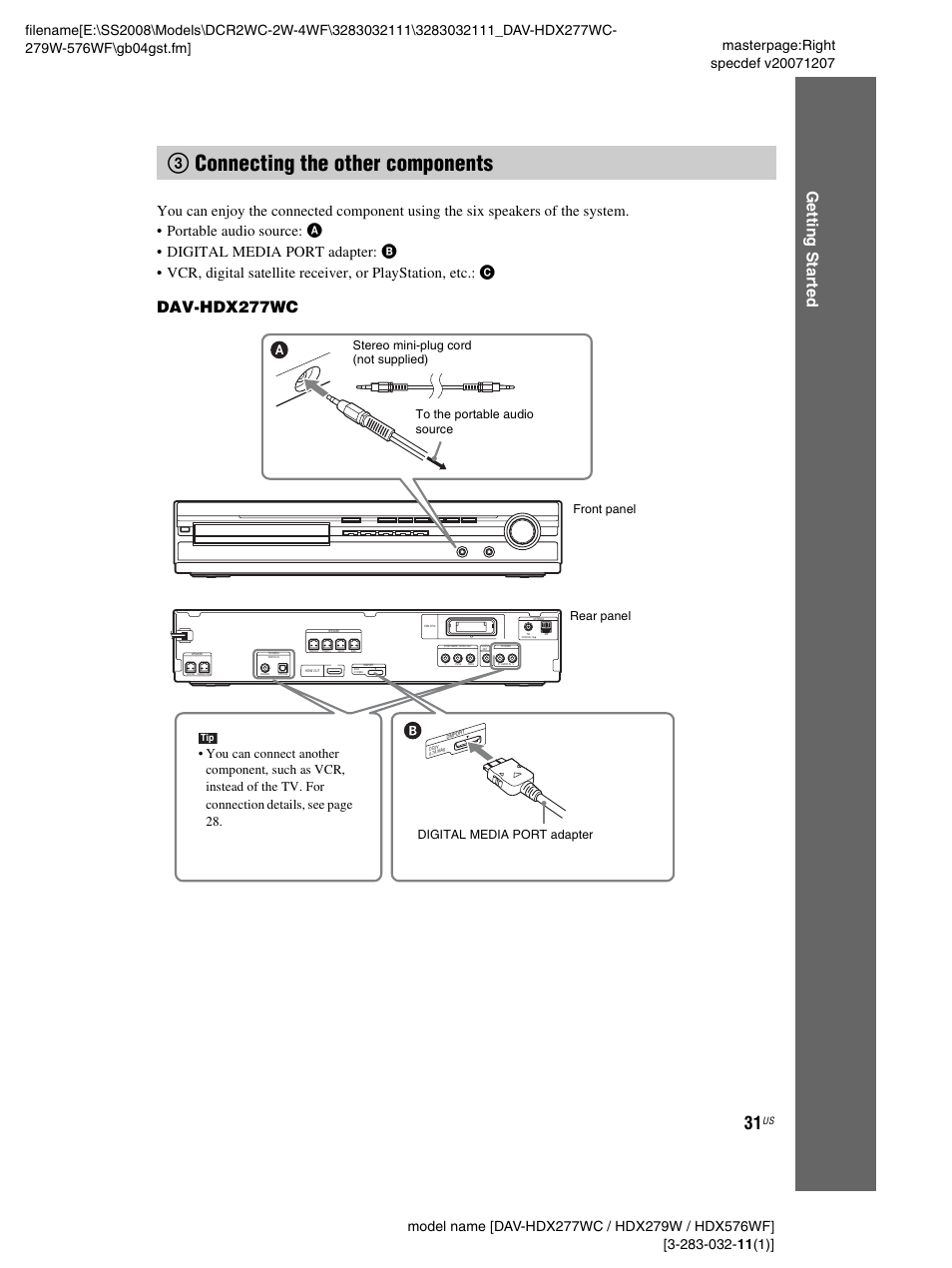 3 connecting the other components, 3connecting the other components, Gettin g star ted | Dav-hdx277wc | Sony DAV-HDX277WC User Manual | Page 31 / 124