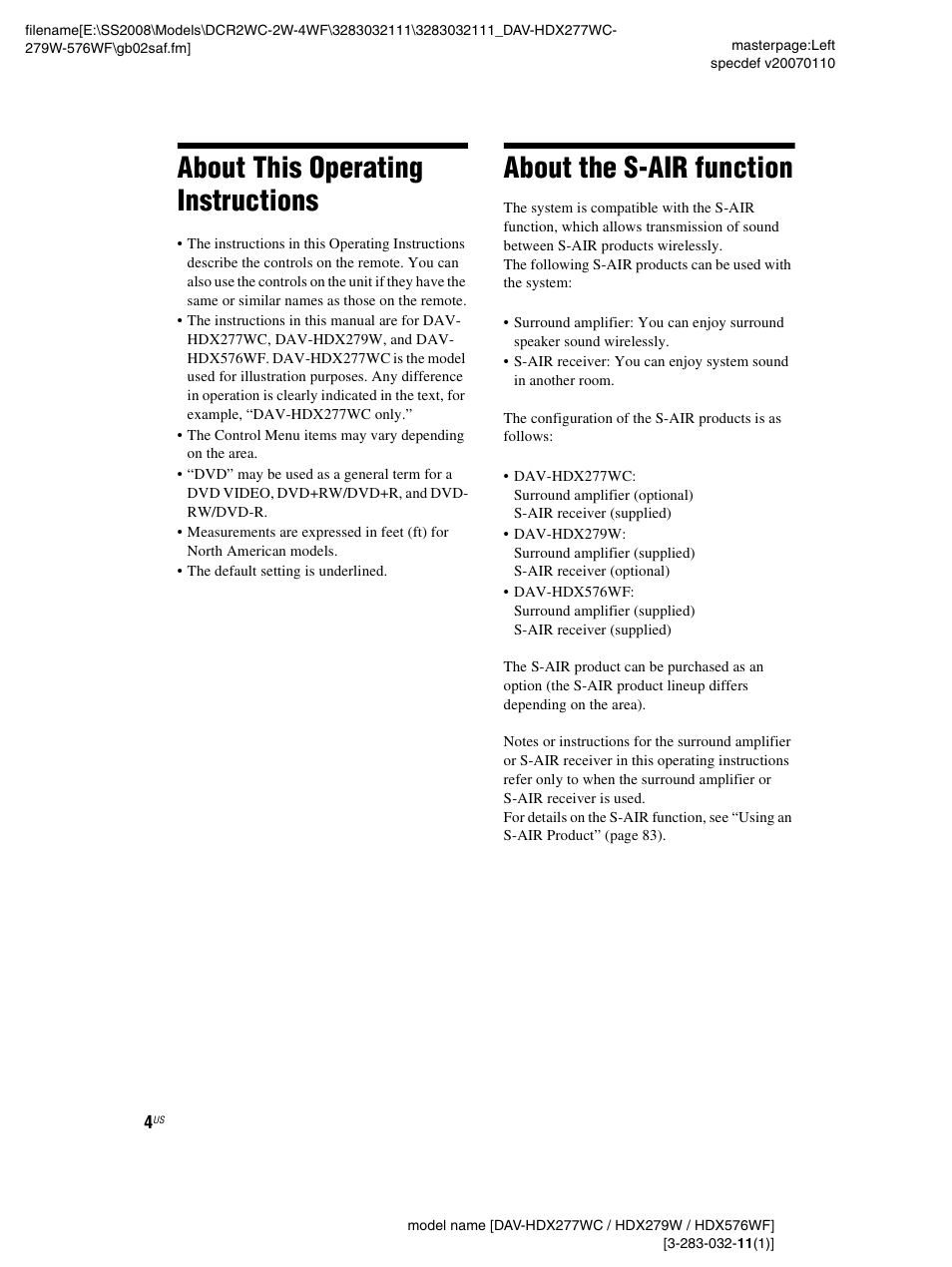 About this operating instructions, About the s-air function | Sony DAV-HDX277WC User Manual | Page 4 / 124