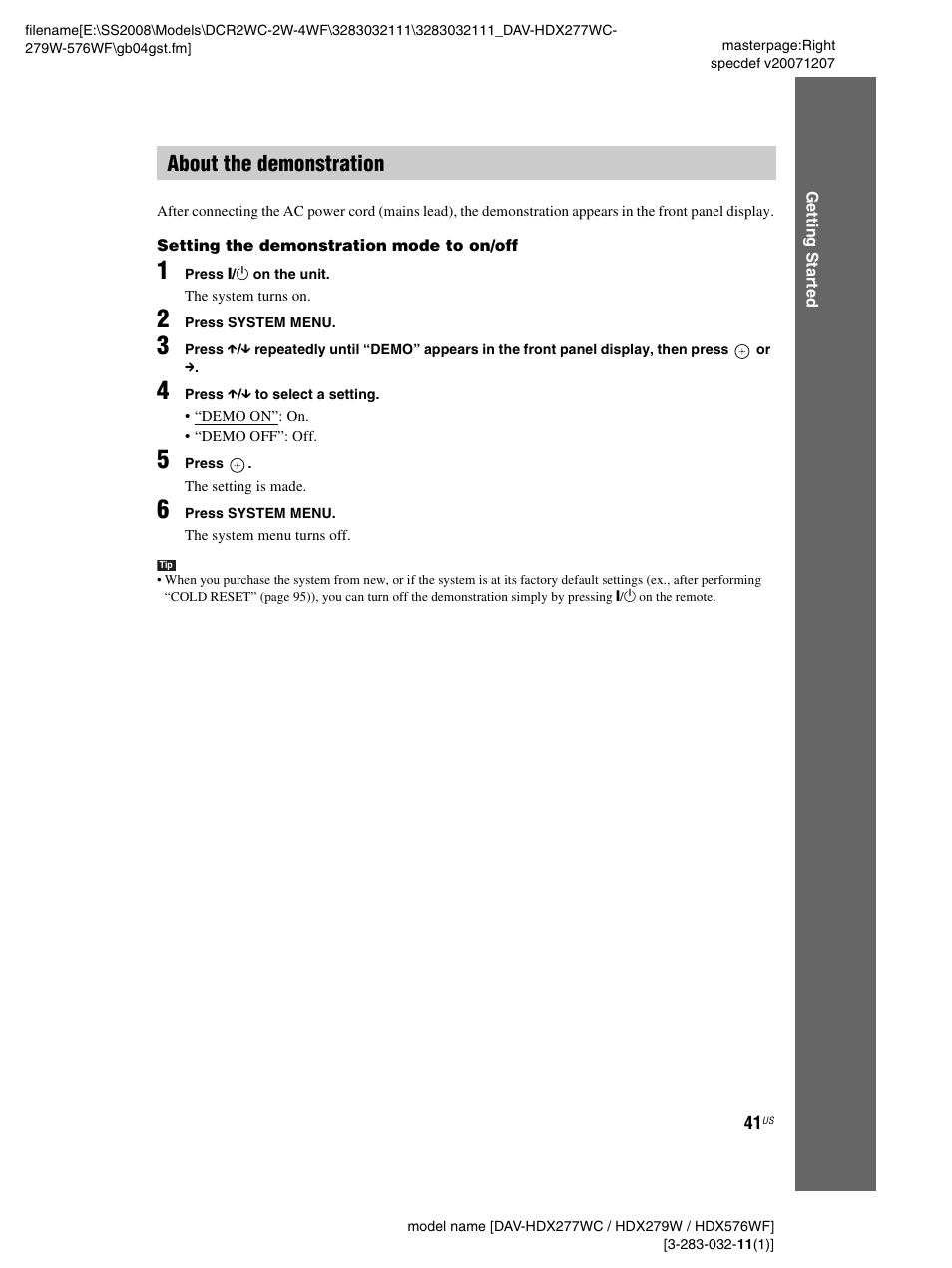 About the demonstration | Sony DAV-HDX277WC User Manual | Page 41 / 124