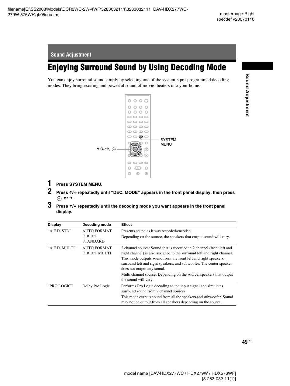 Sound adjustment, Enjoying surround sound by using decoding mode, Enjoying surround sound by using | Decoding mode | Sony DAV-HDX277WC User Manual | Page 49 / 124