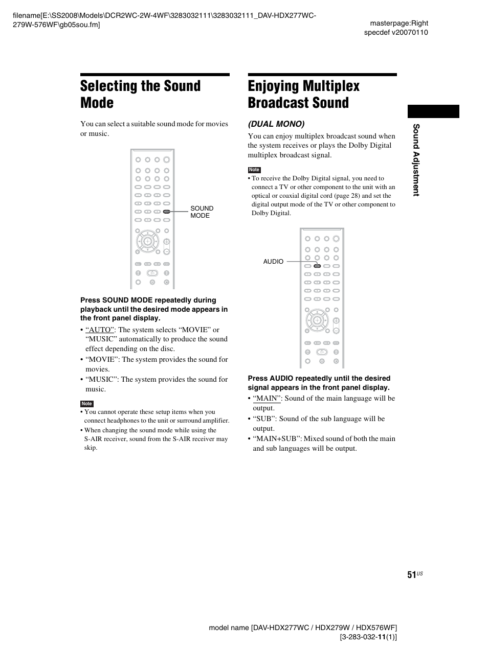 Selecting the sound mode, Enjoying multiplex broadcast sound | Sony DAV-HDX277WC User Manual | Page 51 / 124