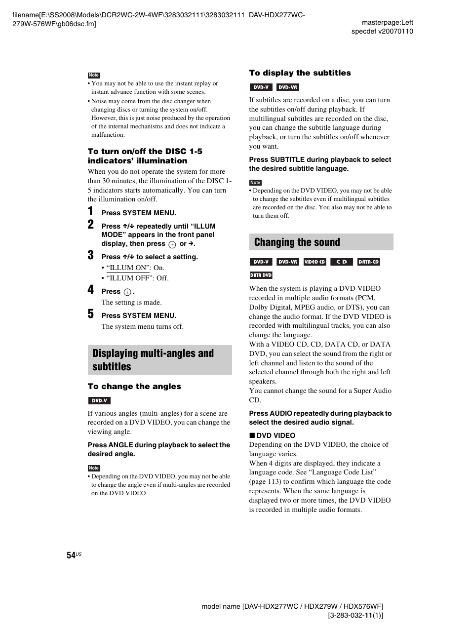 Displaying multi-angles and subtitles, Changing the sound | Sony DAV-HDX277WC User Manual | Page 54 / 124