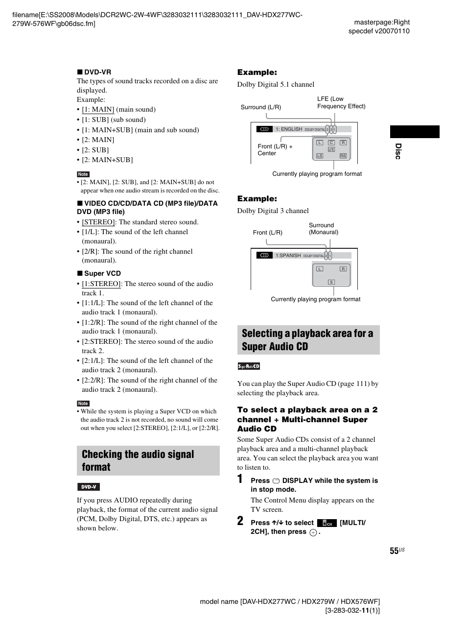 Checking the audio signal format, Selecting a playback area for a super audio cd | Sony DAV-HDX277WC User Manual | Page 55 / 124